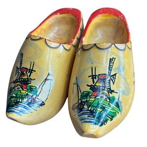 Yellow Wooden Clogs Dutch Holland Windmill Scene Hand Painted Souvenir Shoes